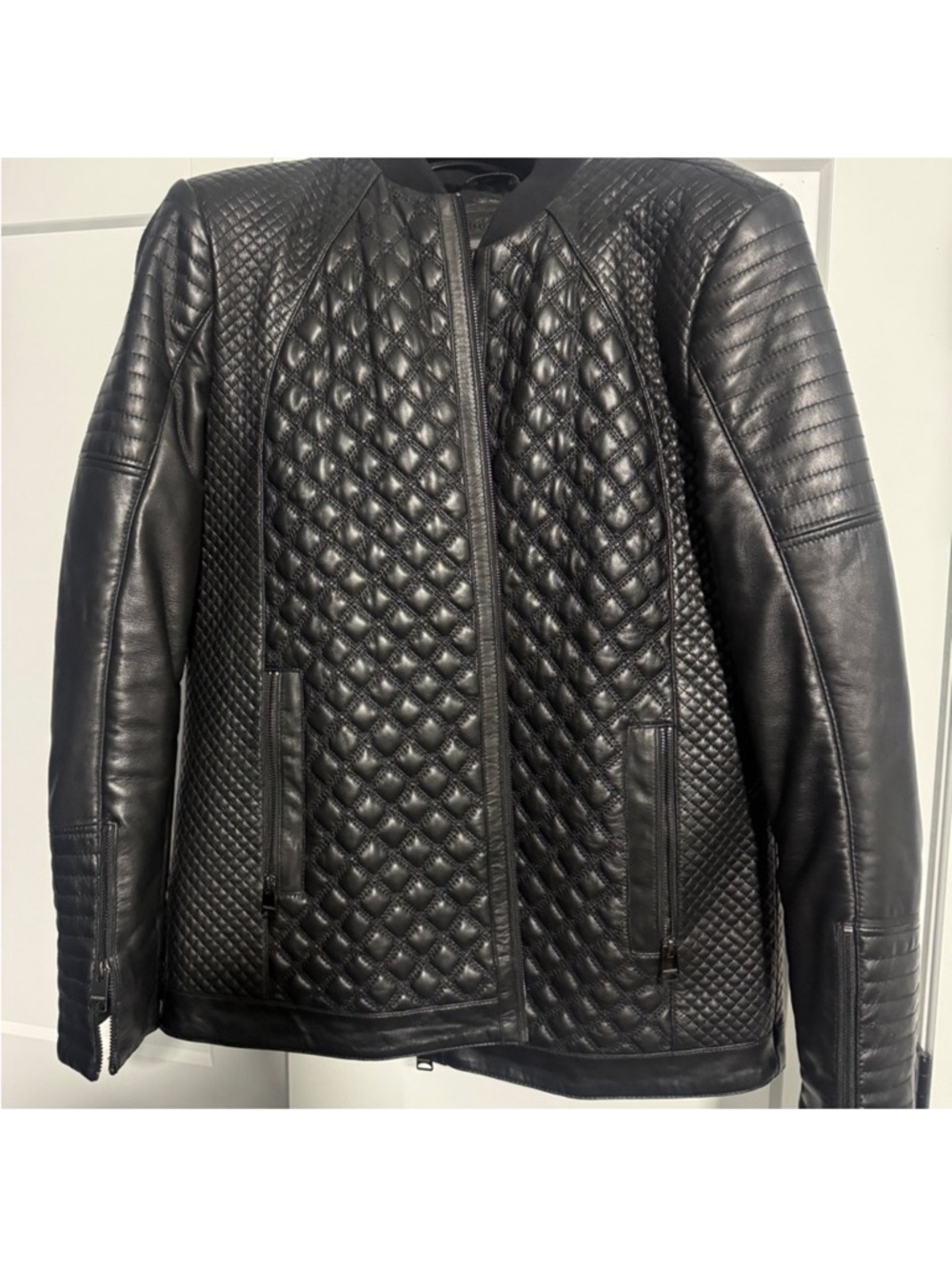 Men's Black Quilted Leather Bomber Jacket